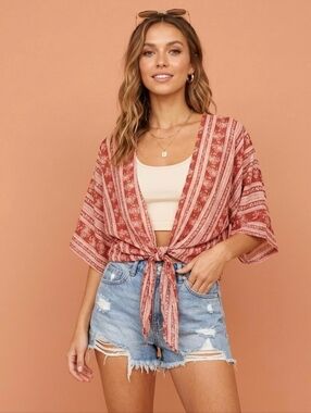 Blush Boutique Floral Stripe Tie-Front Kimono Cardigan - Small